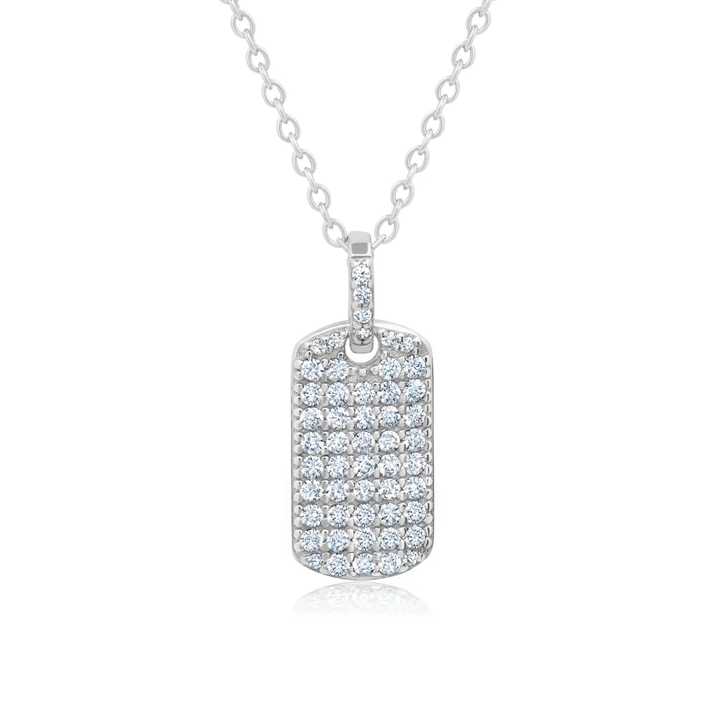 Crislu Women's 18" Pave Round Cut Stones Dog Tag Necklace in Pure Platinum Plated 925 Sterling Silver