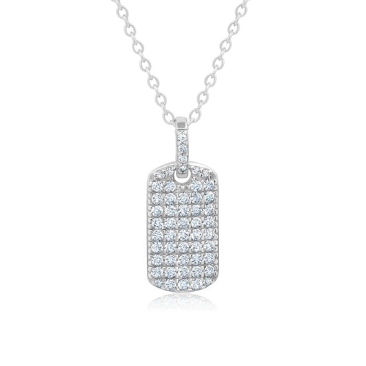 Crislu Women's 18" Pave Round Cut Stones Dog Tag Necklace in Pure Platinum Plated 925 Sterling Silver