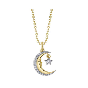 Shy Creation Kate Women's 0.07 ct. Diamond Crescent Moon & Star Necklace in 14k Yellow Gold