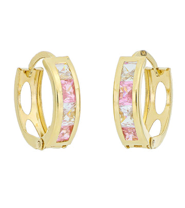 Aros pequeños de oro amarillo de 14 k con circonitas cúbicas rosas y blancas