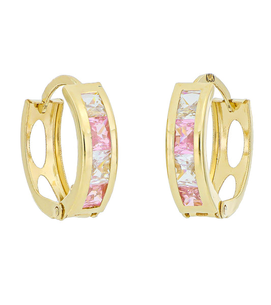 14k Yellow Gold with Pink and White Cubic Zirconia Small Hoop Earrings
