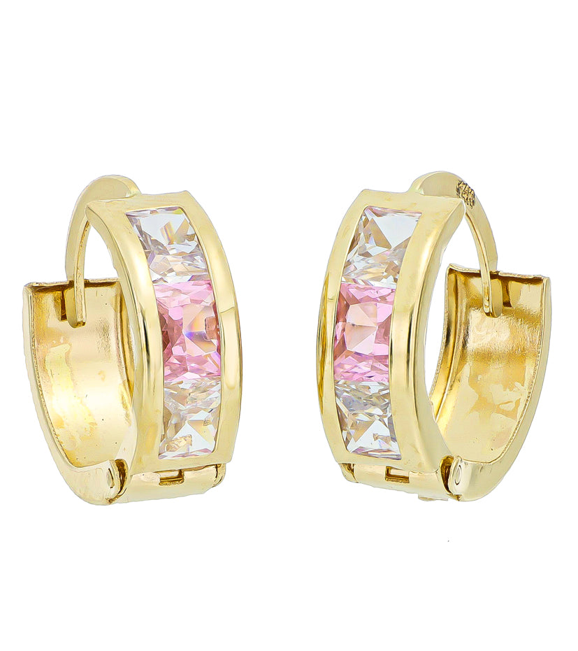 14k Yellow Gold with White and Pink Cubic Zirconia Small Hoop Earrings