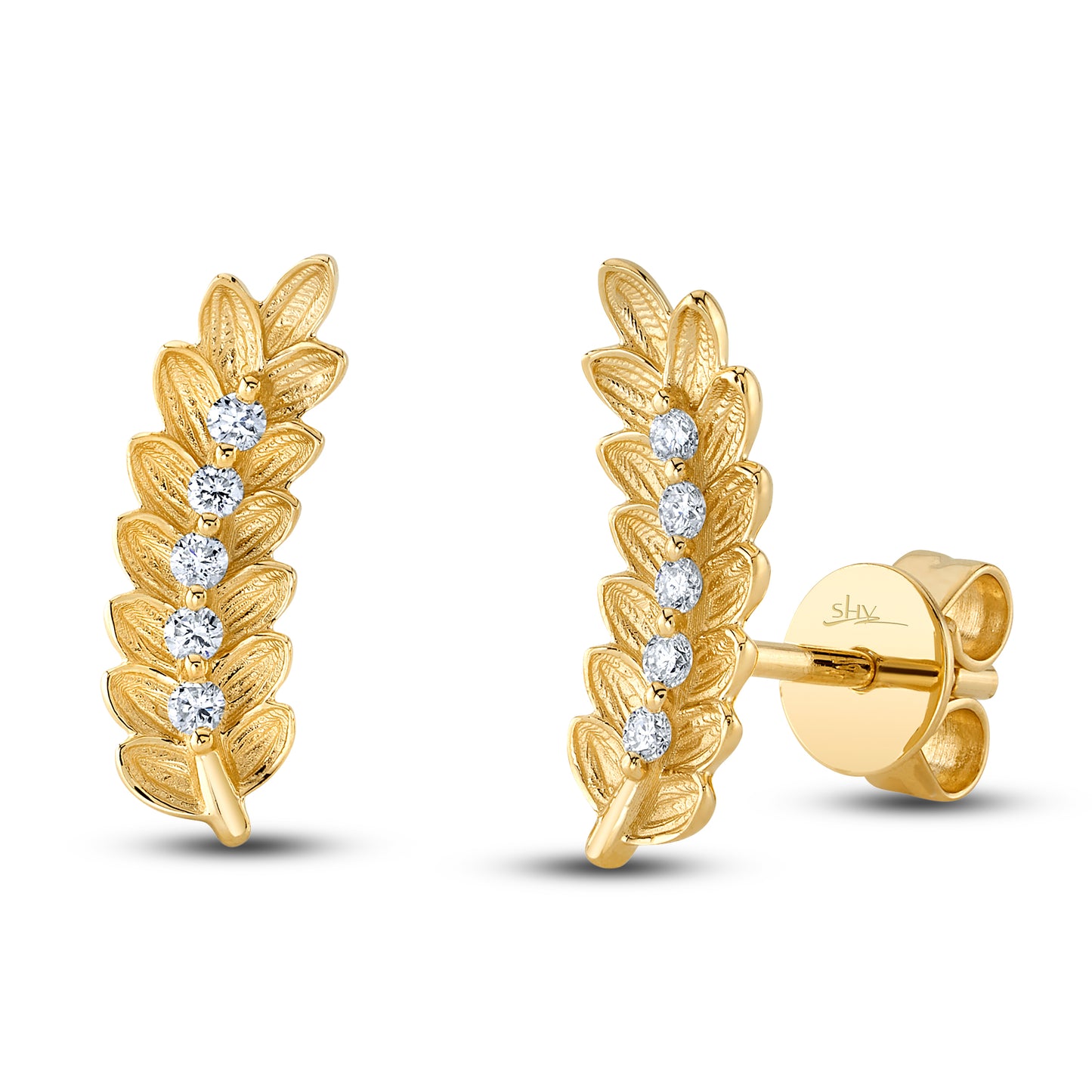 Shy Creation Kate Women's 0.10 ct. Diamond Leaf Stud Earring in 14K Yellow Gold