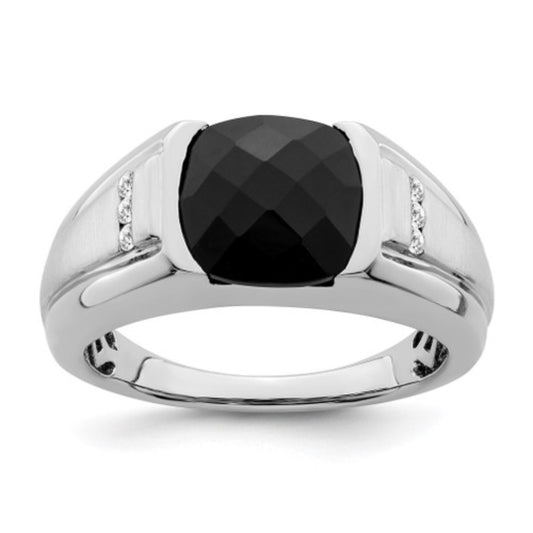Quality Gold Men's Onyx & Diamond Ring in 14K White Gold