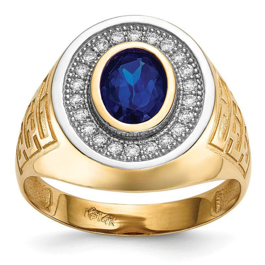 Quality Gold Men's Rhodium CZ and Oval Blue CZ Ring in 14K Yellow Gold - Size 10