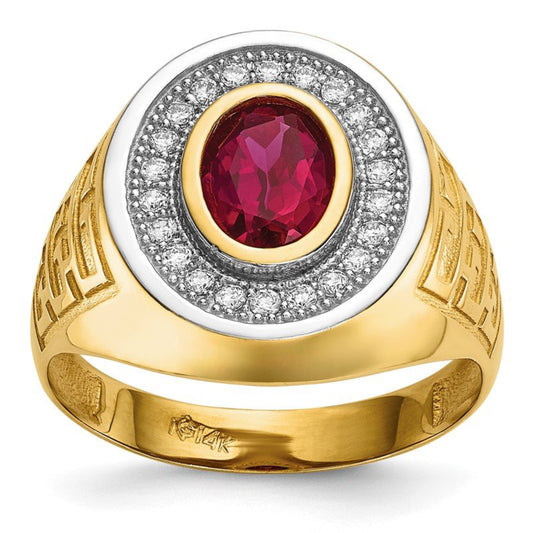 Quality Gold Men's Rhodium CZ and Oval Red CZ Ring in 14K Yellow Gold - Size 10