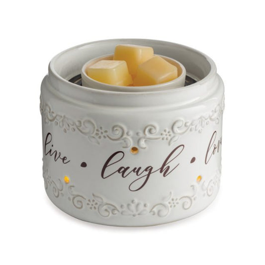 Calentador de velas con fragancia Illuminaire de 5" "Live Laugh Love" - ​​Marfil