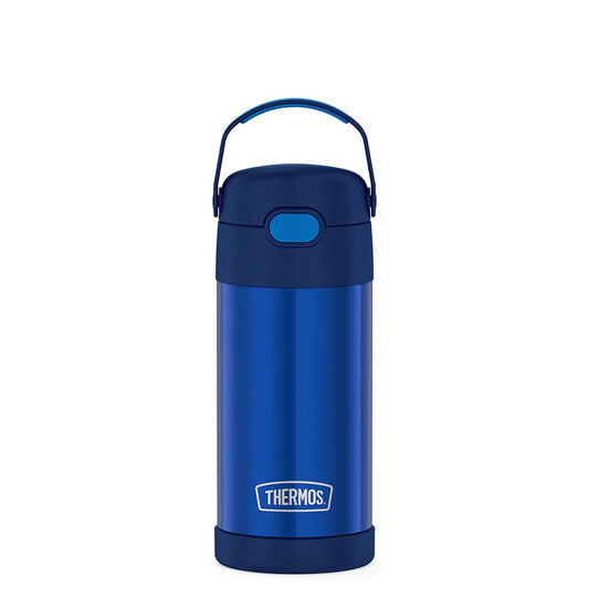 Botella de agua para hidratación de acero inoxidable con aislamiento al vacío y pajita Thermos FUNtainer de 12 oz, color azul marino