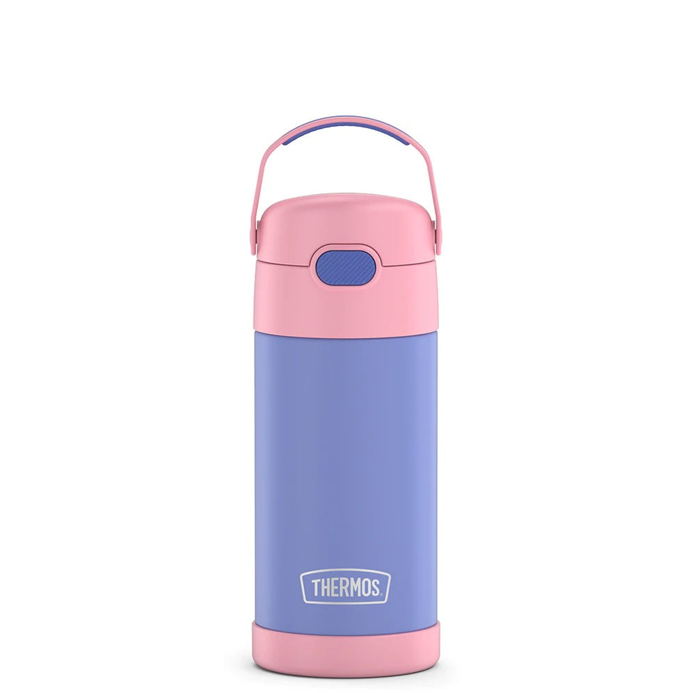 Botella de agua para hidratación de acero inoxidable con aislamiento al vacío y pajita Thermos FUNtainer de 12 oz, color morado y rosa