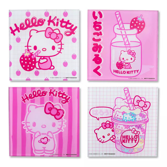 Posavasos de vidrio con leche de fresa de Hello Kitty de Sanrio (juego de 4) - Rosa