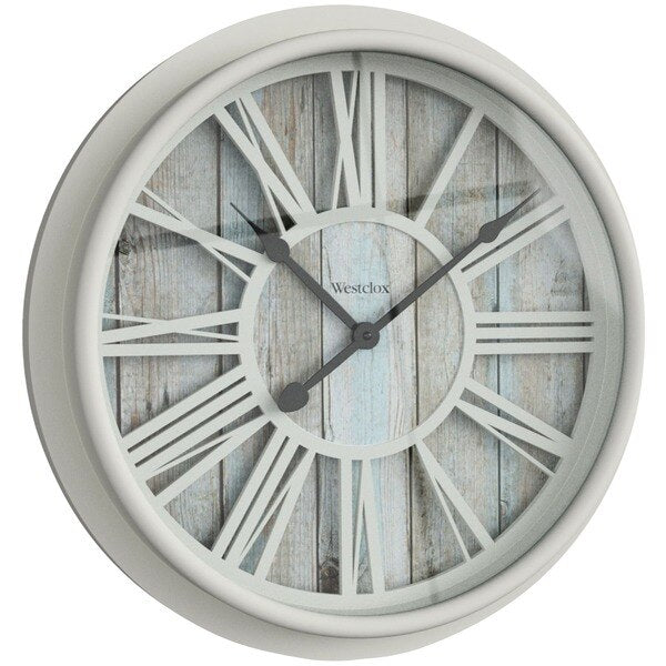 Reloj de pared antiguo Westclox de 15,5" redondo con números romanos en plástico, color blanco