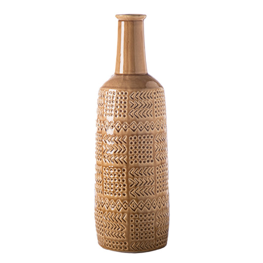 Urban Trends Collection 17" Round Bottle Ceramic Vase with Long Neck and Layered Tribal Pattern - Brown