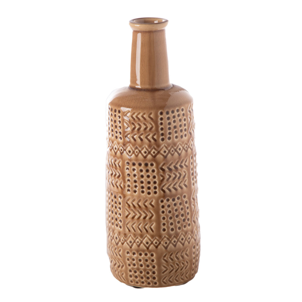 Urban Trends Collection 15" Round Bottle Ceramic Vase with Long Neck and Layered Tribal Pattern - Brown