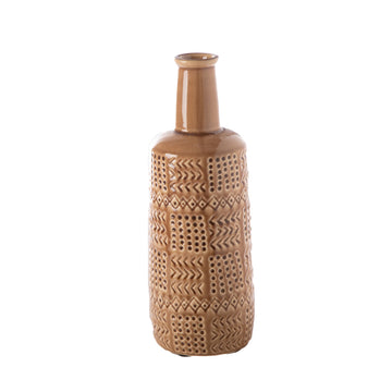 Urban Trends Collection 13" Round Ceramic Bottle Vase with Long Neck and Layered Tribal Pattern - Brown