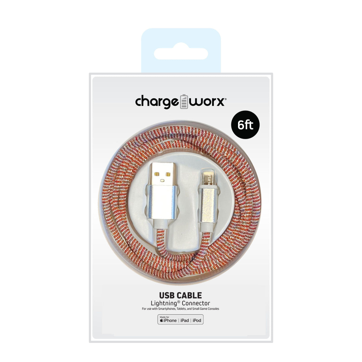 ChargeWorx FlexKnit 6 ft Lightning to USB Type-A Male Cable - Orange