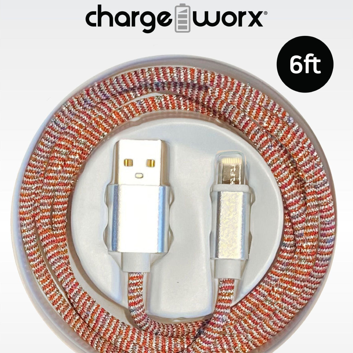 ChargeWorx FlexKnit 6 ft Lightning to USB Type-A Male Cable - Orange