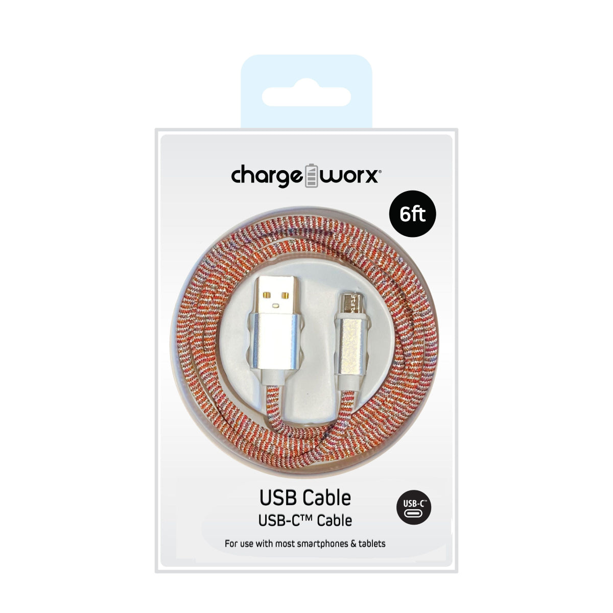 ChargeWorx FlexKnit 6 ft USB Type-C to USB Type-A Male Cable - Red/White