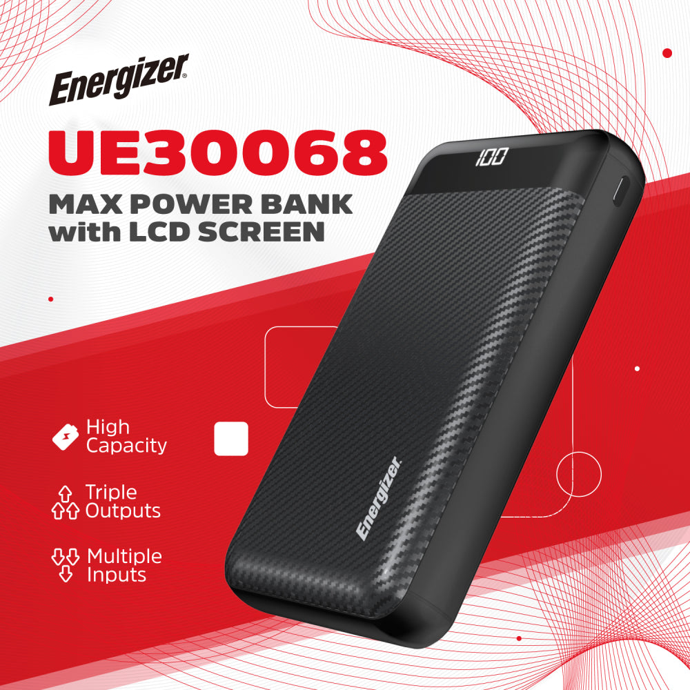 Energizer UE30068 15W Fast Charging Power Bank with USB-C & Dual USB-A - Black