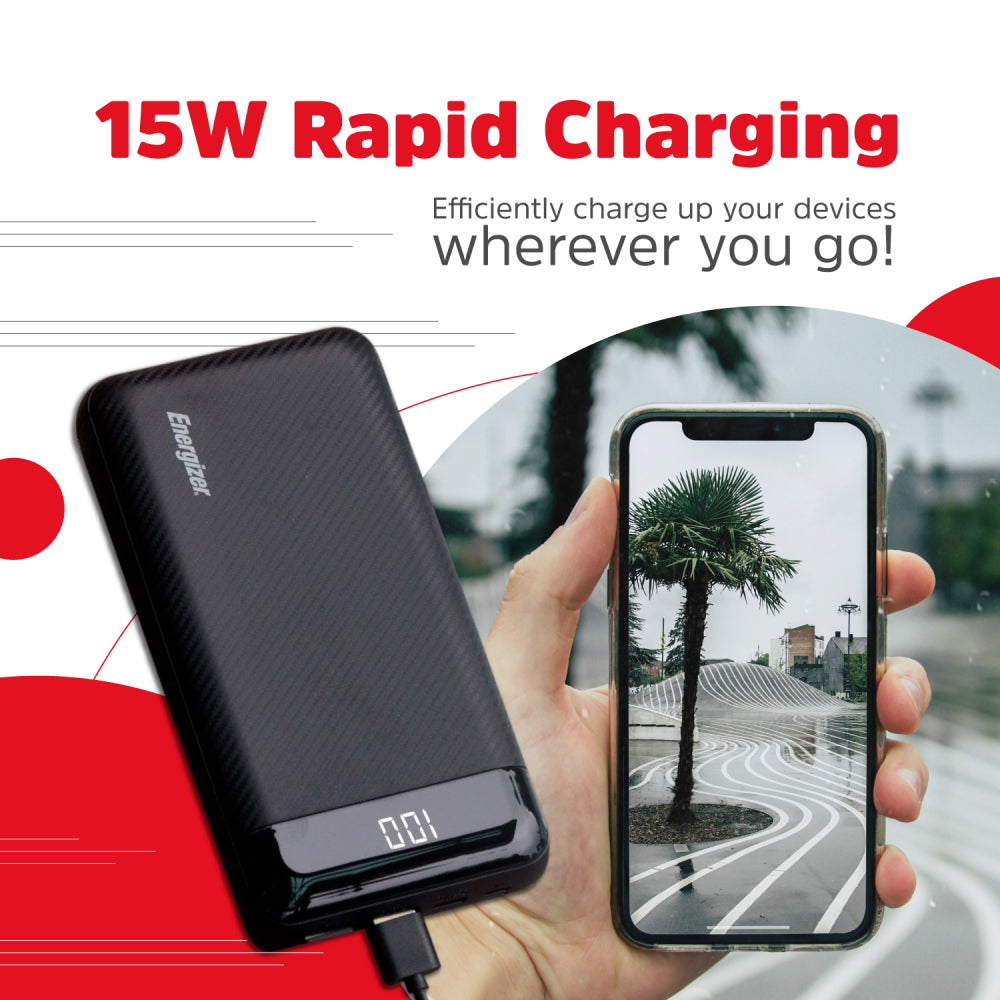 Energizer UE30068 15W Fast Charging Power Bank with USB-C & Dual USB-A - Black