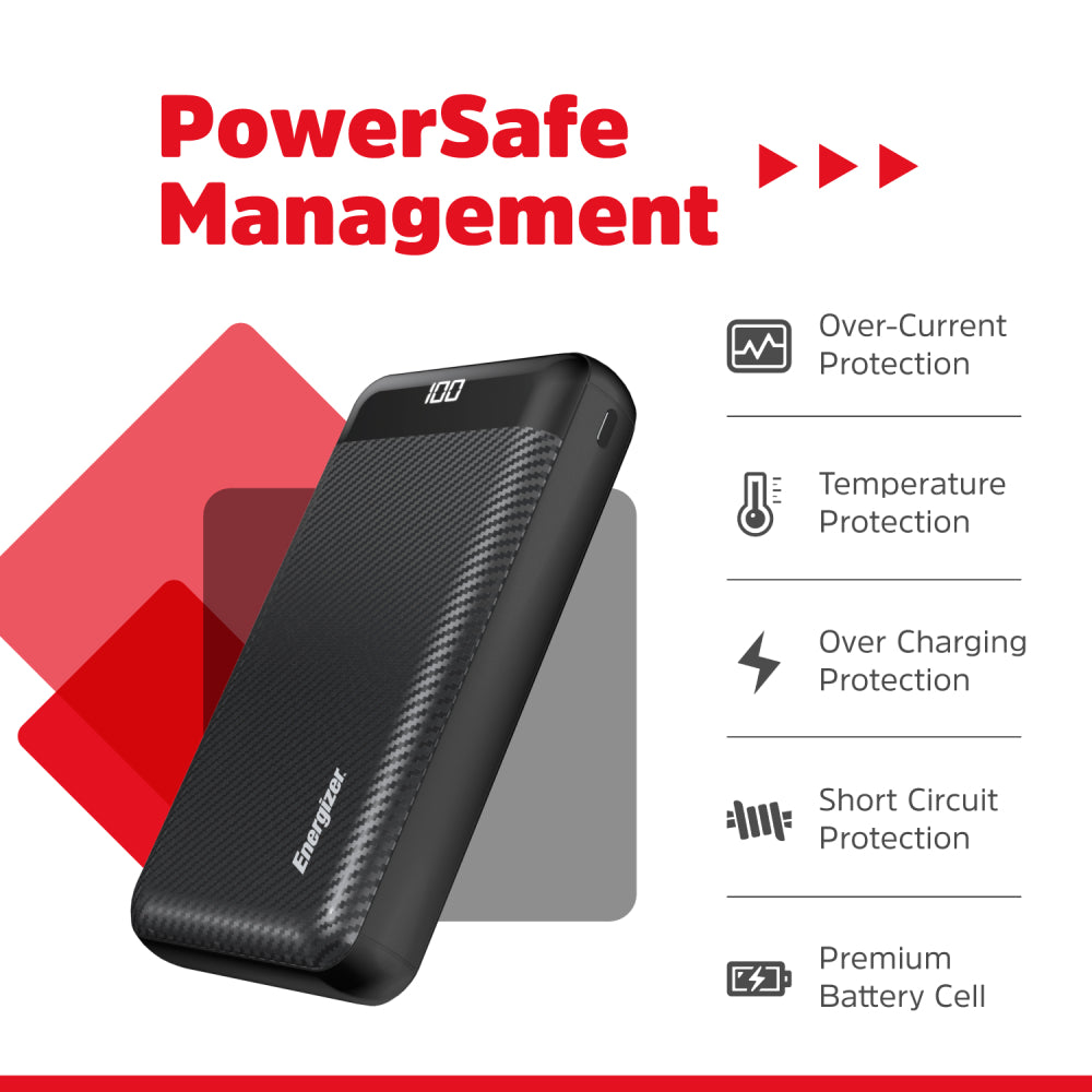 Energizer UE30068 15W Fast Charging Power Bank with USB-C & Dual USB-A - Black