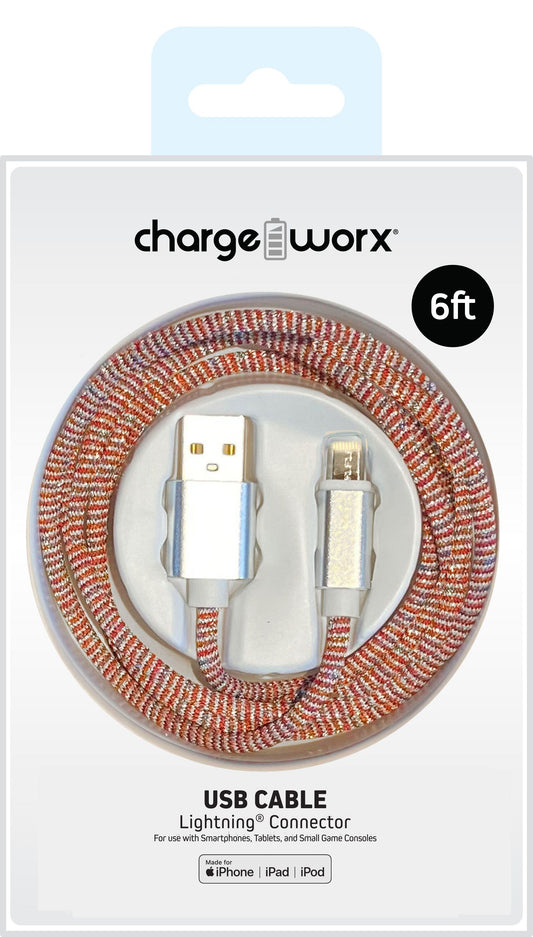 Cable Lightning a USB tipo A macho ChargeWorx FlexKnit de 6 pies, color naranja 