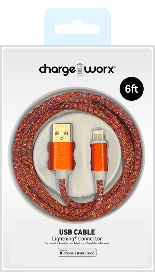 ChargeWorx FlexKnit 6 ft USB Type-C to USB Type-A Male Cable - Orange