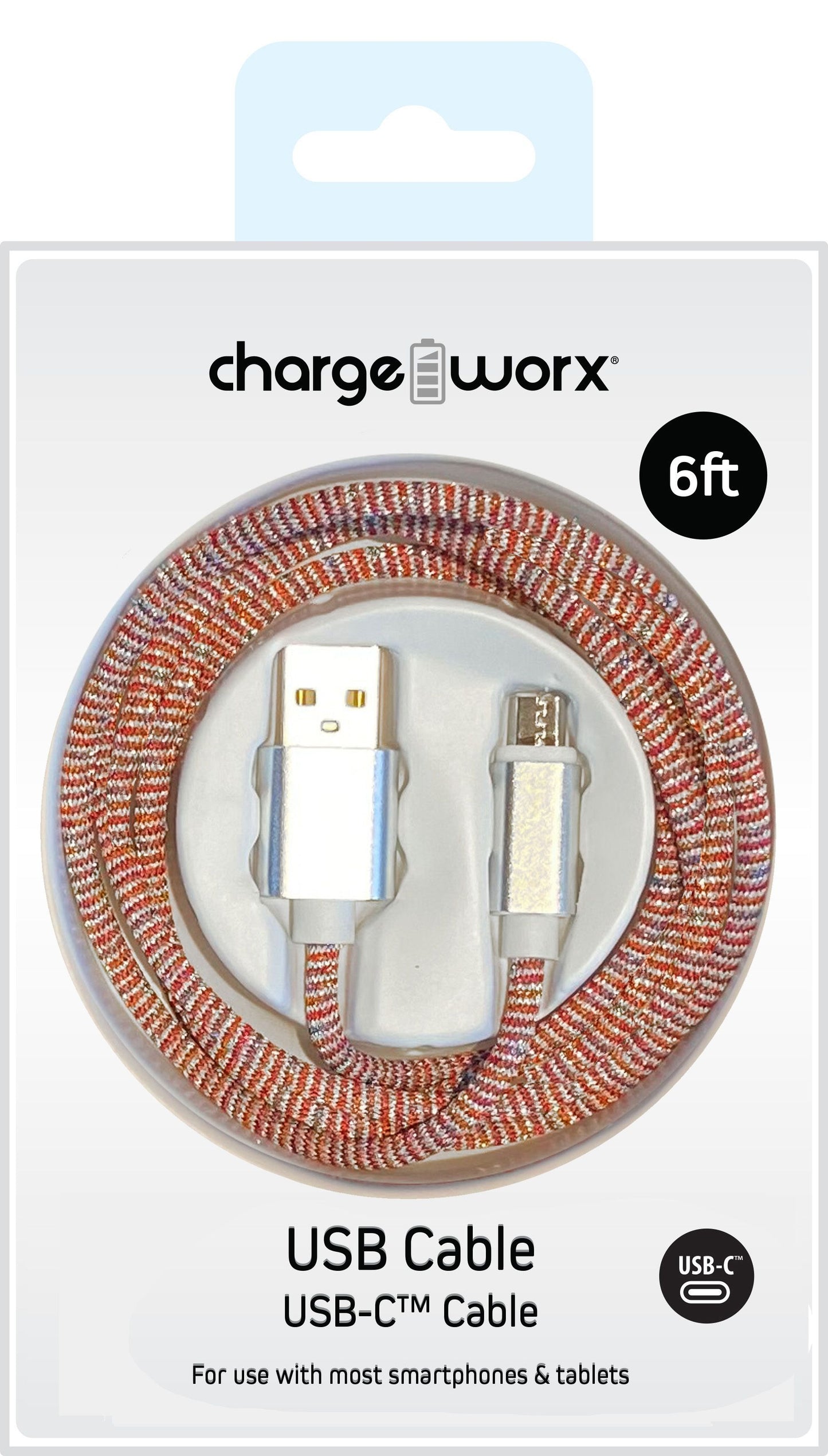 ChargeWorx FlexKnit 6 ft USB Type-C to USB Type-A Male Cable - Red/White