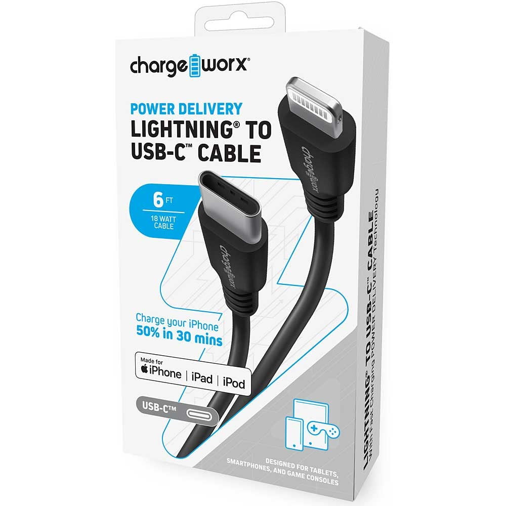 Cable Lightning a USB tipo C macho de 6 pies con suministro de energía de ChargeWorx, color negro 