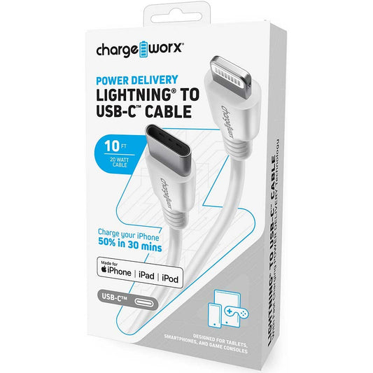 ChargeWorx Power Delivery 10 ft Lightning to USB Type-C Male Cable - White