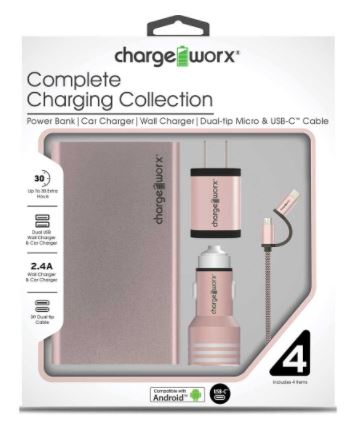 ChargeWorx Metallic Complete Charging Collection with Micro USB & USB-C Cable - Rose Gold