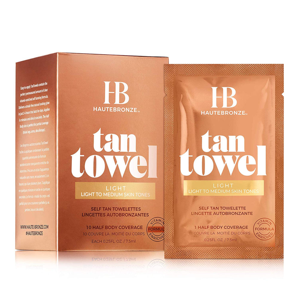 Haute Bronze Tan Towels Half Body Self Tan Towelettes 0.25 oz - Light (Light to Medium Skin Tones)