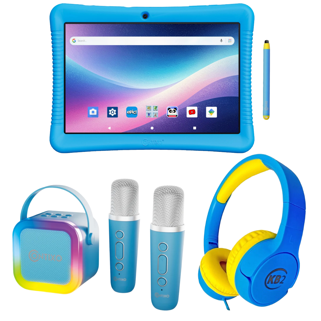 Bundle: Contixo 10" Kids Tablet + Contixo KB2 Kids Wired Over-the-Ear Headphones + Contixo Kids Bluetooth Karaoke Speaker with Two Wireless Microphones - Blue
