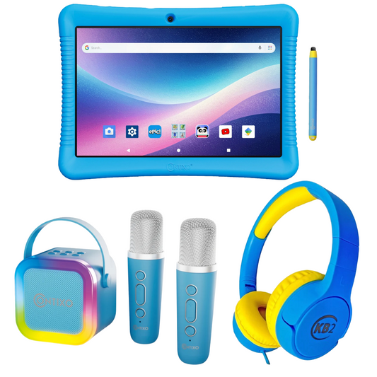 Bundle: Contixo 10" Kids Tablet + Contixo KB2 Kids Wired Over-the-Ear Headphones + Contixo Kids Bluetooth Karaoke Speaker with Two Wireless Microphones - Blue