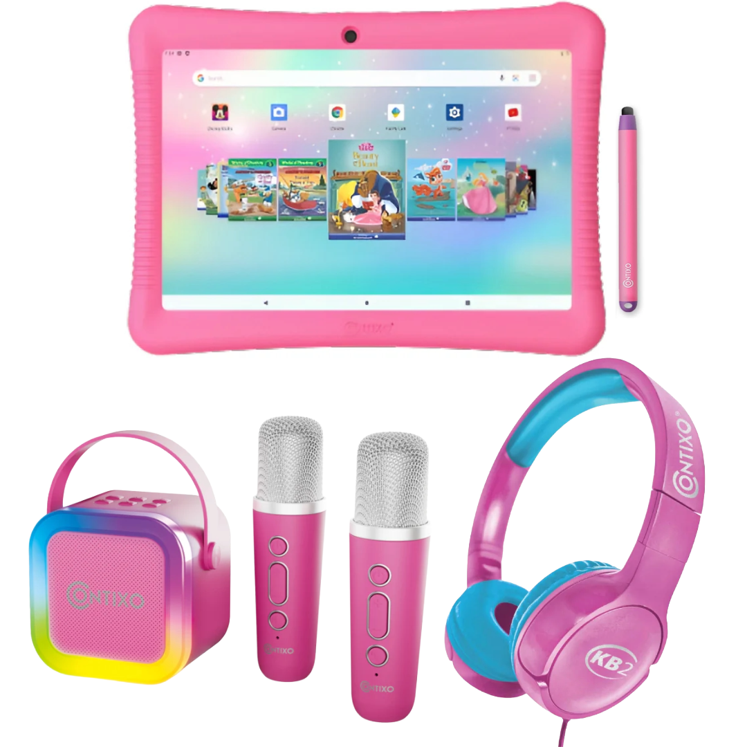 Bundle: Contixo 10" Kids Tablet + Contixo KB2 Kids Wired Over-the-Ear Headphones + Contixo Kids Bluetooth Karaoke Speaker with Two Wireless Microphones - Pink