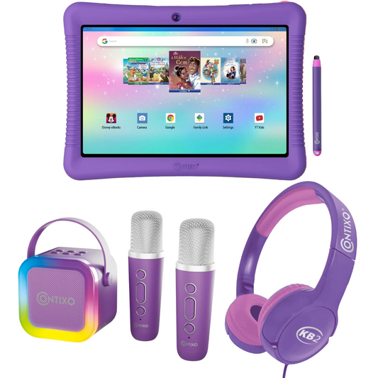 Bundle: Contixo 10" Kids Tablet + Contixo KB2 Kids Wired Over-the-Ear Headphones + Contixo Kids Bluetooth Karaoke Speaker with Two Wireless Microphones - Purple