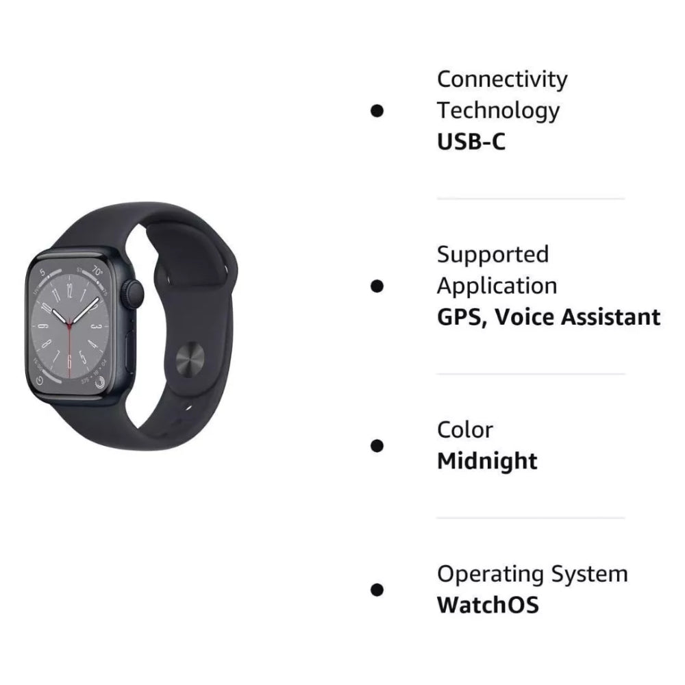 Certified Refurbished Apple Watch Series 8 Unisex 41mm Midnight Aluminum Case Smartwatch with Sport Band M/L - GPS