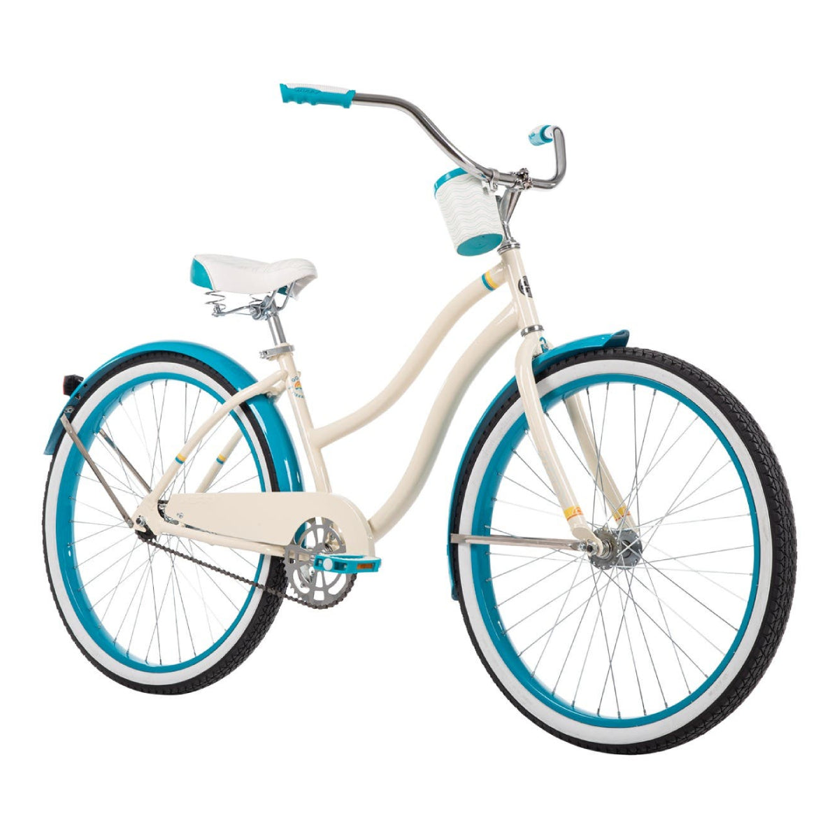 Bicicleta de paseo para mujer Huffy Good Vibrations de 26", color blanco y azul