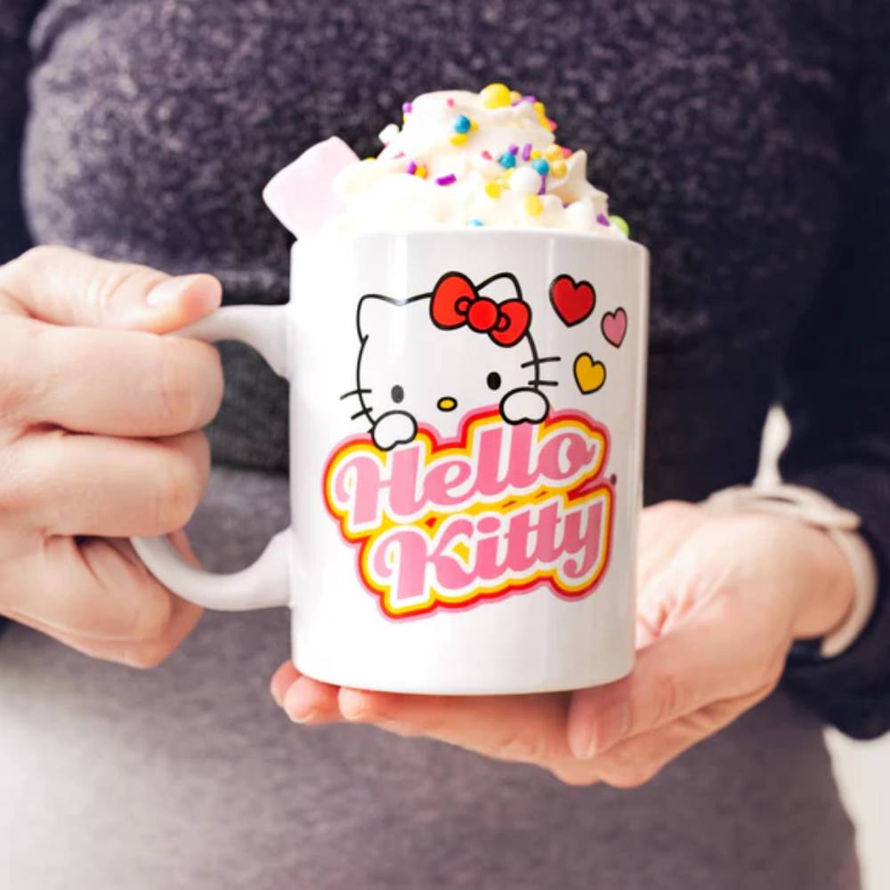 Sanrio Hello Kitty 12 oz Peek-A-Boo Hearts Ceramic Mug - White