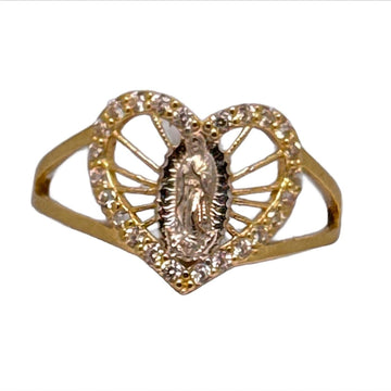 Lady of Guadalupe Virgin Mary Stud Heart Ring in 14K Yellow Gold - Size 7