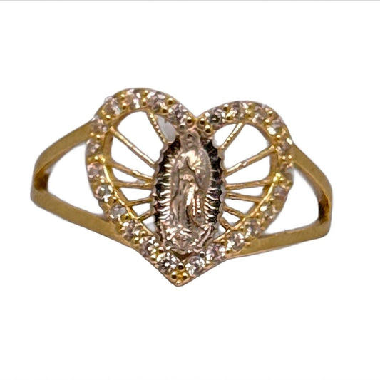 14k Lady of Guadalupe Virgin Mary Stud Heart Ring in Yellow Gold