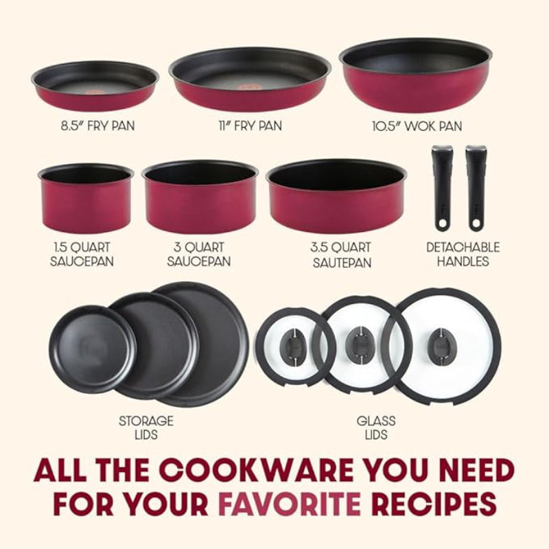 T-fal Ingenio Expertise Non-Stick Cookware (Set of 14) - Rose Pink