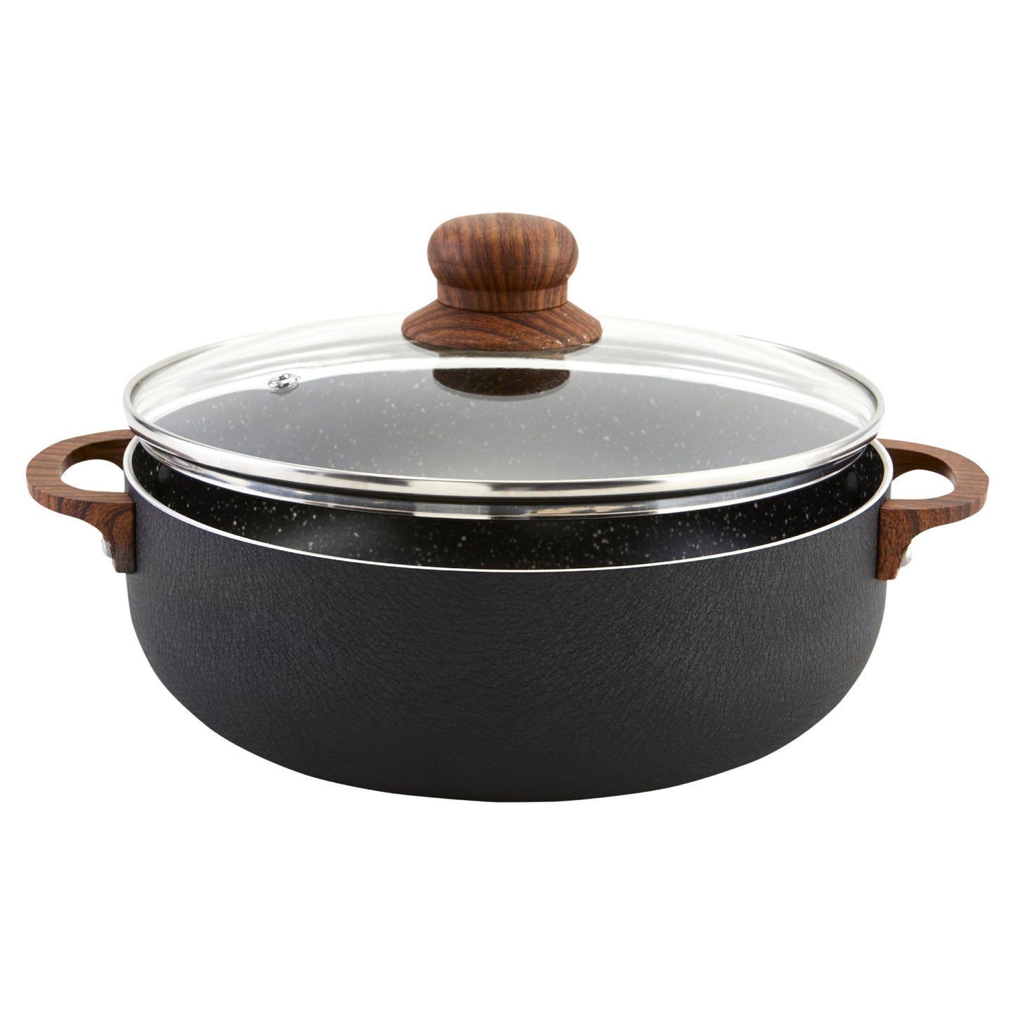 IMUSA 4.4 Quart Speckled PTFE Non-Stick Caldero with Glass Lid and Wood Look Handles - Black