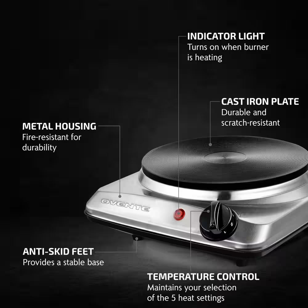 Quemador eléctrico de hierro fundido Ovente con control de temperatura ajustable y luz indicadora - Plateado