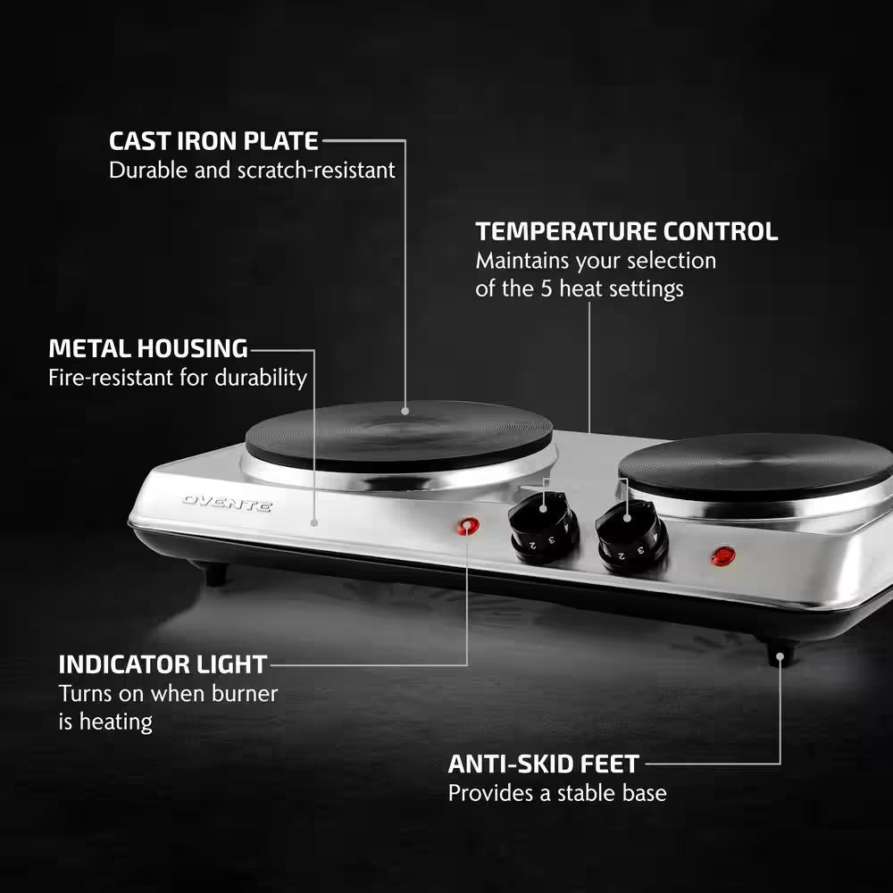 Quemador doble eléctrico de hierro fundido Ovente con perilla de temperatura - Plateado