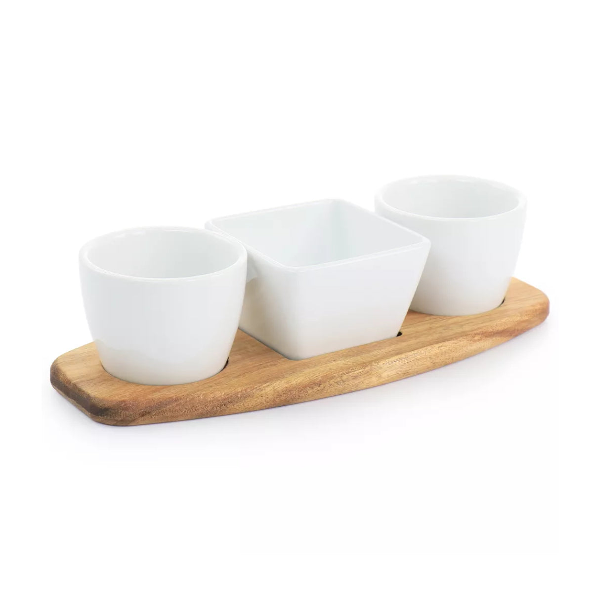 Juego de platos para aperitivos de cerámica fina Gibson Elite Gracious Dining con base de madera de acacia (4 piezas), color blanco