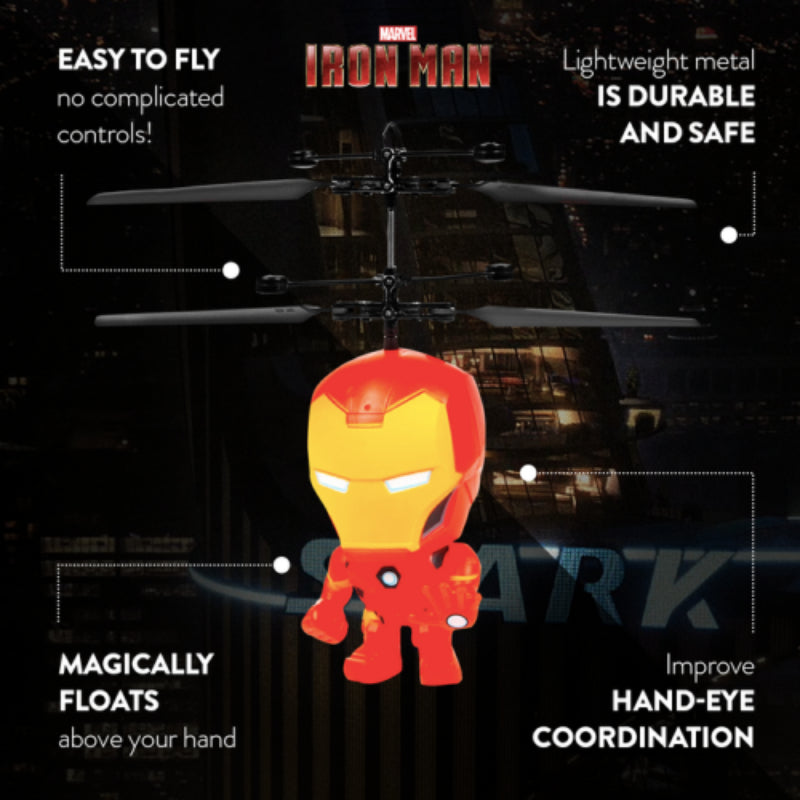 Figura voladora de Iron Man de Marvel con cabeza grande de OVNI IR y helicóptero