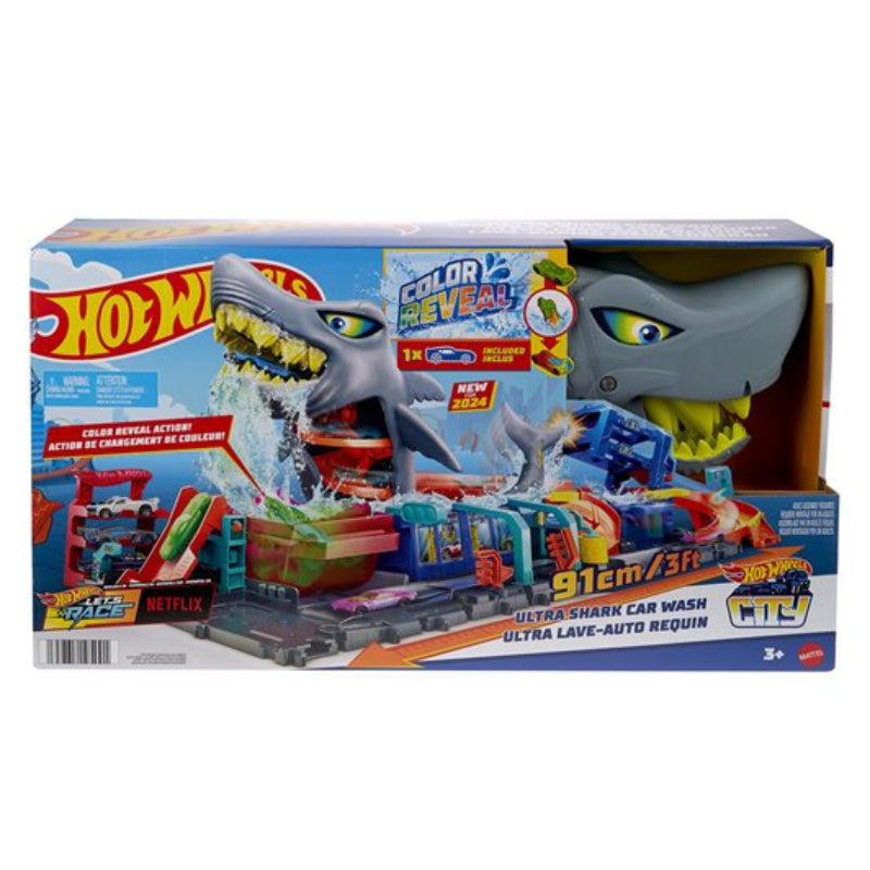 Coche de juguete Hot Wheels City Ultra Shark Car Wash con revelación de color a escala 1:64