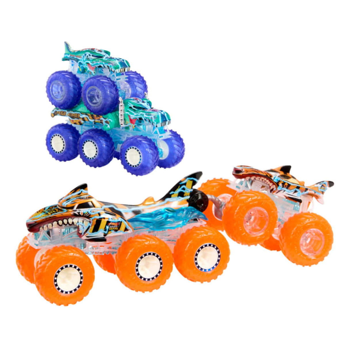 Camión de juguete y plataforma de carga Big Rig Power Smasher de Hot Wheels Monster Trucks (juego de 4)