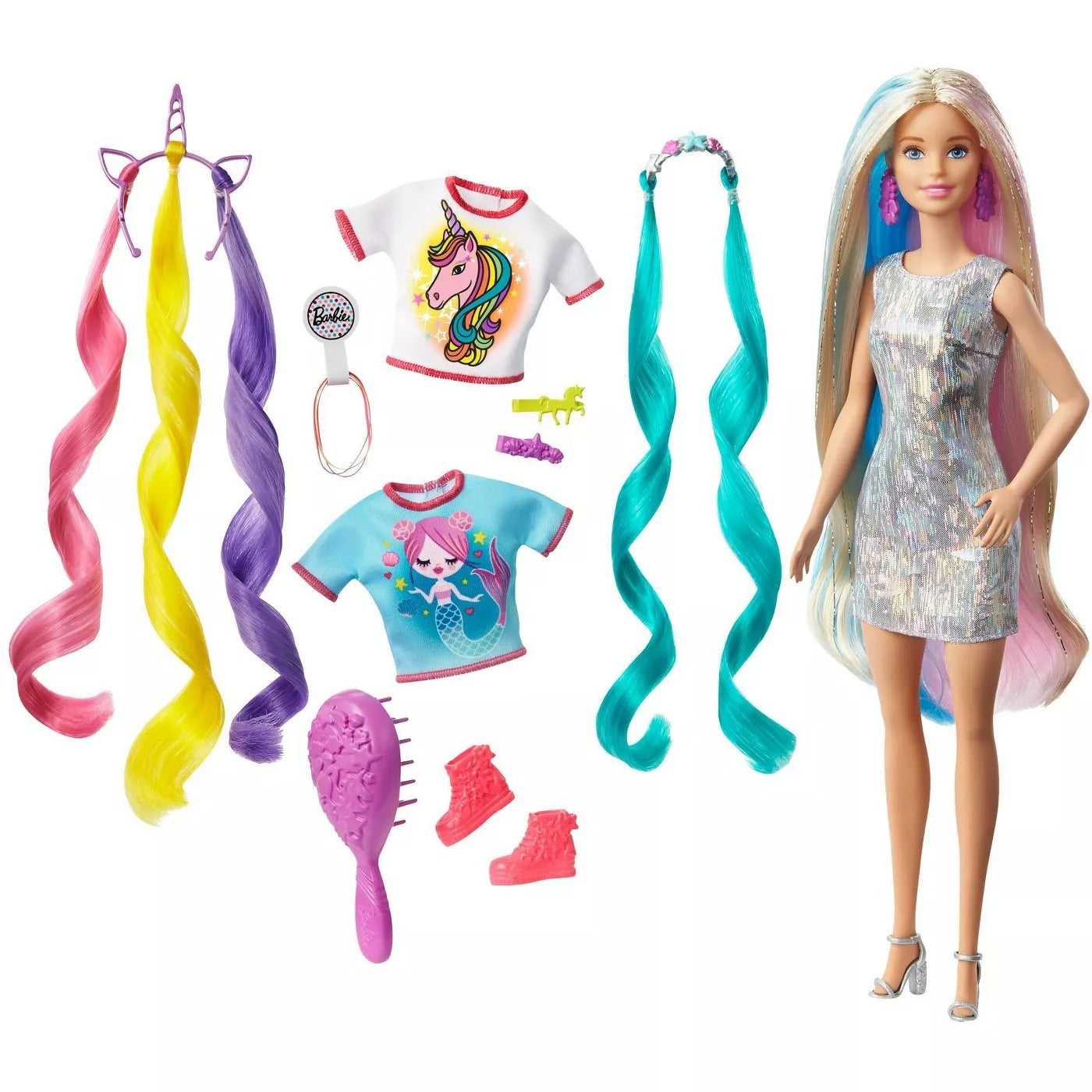 Muñeca Barbie con cabello de fantasía, sirena y unicornio