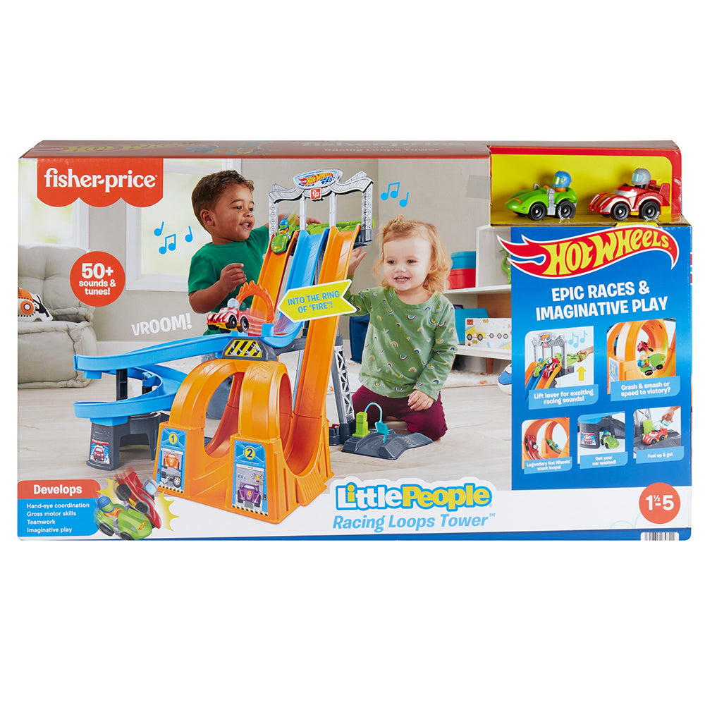 Pista de carreras con circuitos de carreras Hot Wheels Little People de Fisher-Price